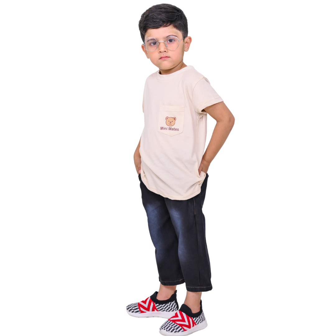 Bear Print Pocket Jersey Tee & Washed Black 3/4 Denim Short Set